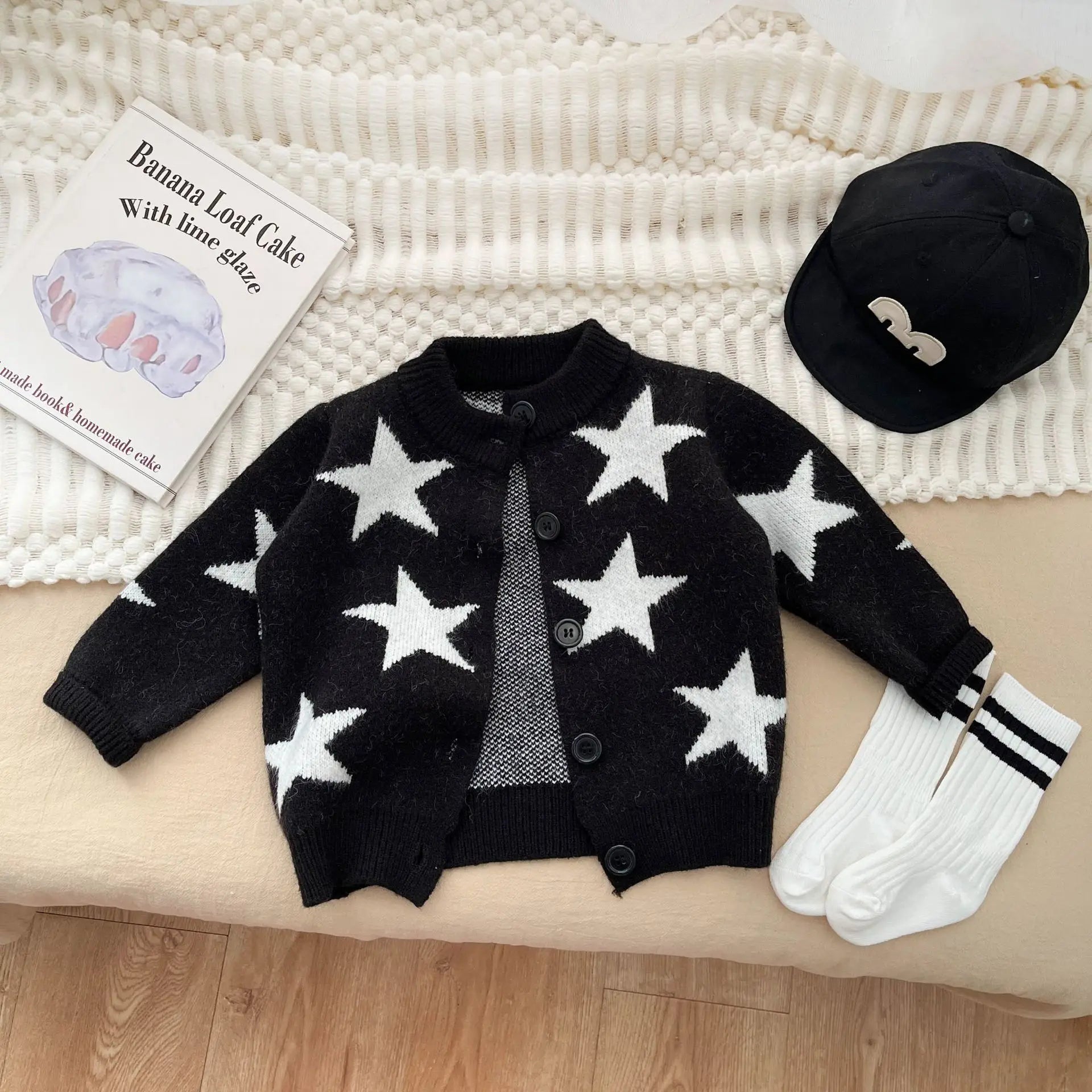 ロンパースセットアップ star coat / 6M  66CM ベビーカーディガン/ロンパース/帽子 星スターニットカーディガンジャケット/丸襟長袖ボディスーツ/ロゴ刺繍野球帽キャップ【mh0008682】