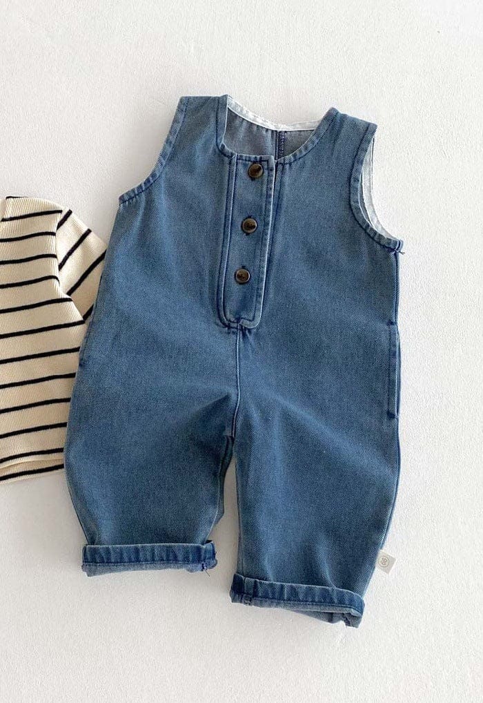 長袖セットアップ Strap jeans / 66cm ノースリーブデニムジャンプスーツ/長袖ボーダーTシャツ【mh0010925】