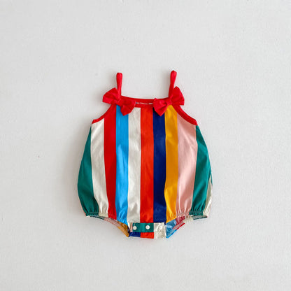 ノースリーブロンパース Stripe / 0-6M 66cm ベビーロンパース カラフルストライプ キャミソールボディスーツ リボン【mh0006551】