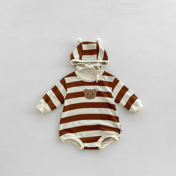 長袖ロンパース stripe / 66cm 0-6m ☺︎ ベビーロンパース 長袖ボディスーツ 帽子セット ボーダー 無地 ベアくまワッペン ボンネットセット