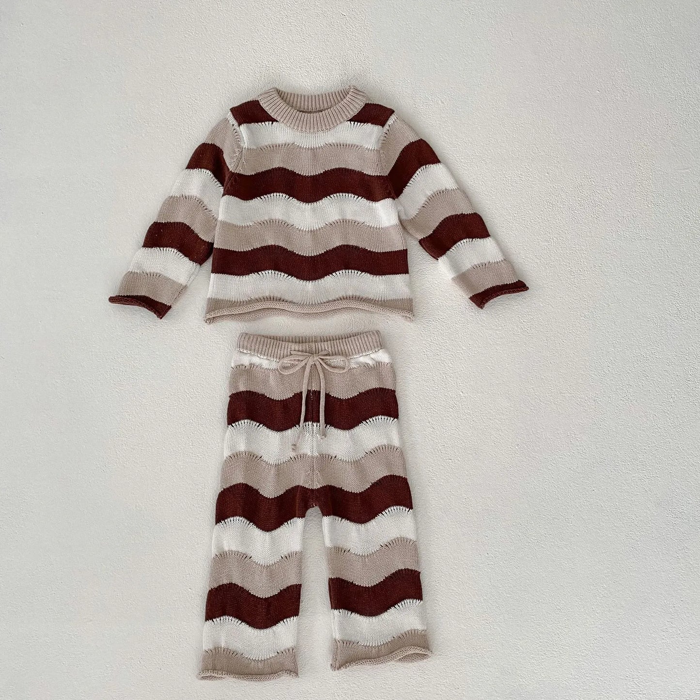 長袖セットアップ stripe / 66cm / 取り寄せ（10〜35日） ベビー ニットスーツ 2点セット セットアップ ボーダー セーター トップス ワイドルーズパンツ ブラウン ユニセックス 男の子 女の子 子供服
