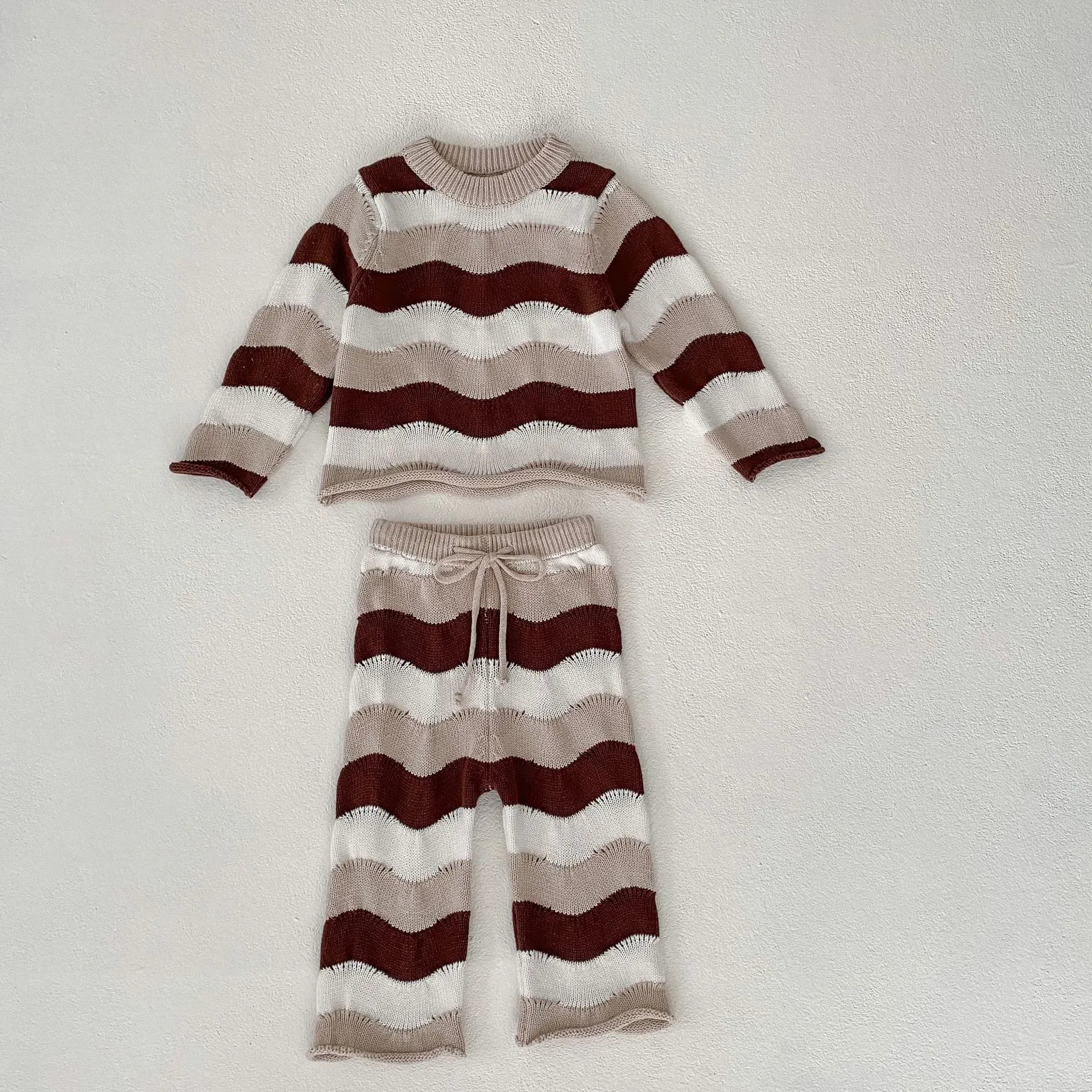 長袖セットアップ stripe / 66cm / 取り寄せ（10〜35日） ベビー ニットスーツ 2点セット セットアップ ボーダー セーター トップス ワイドルーズパンツ ブラウン ユニセックス 男の子 女の子 子供服