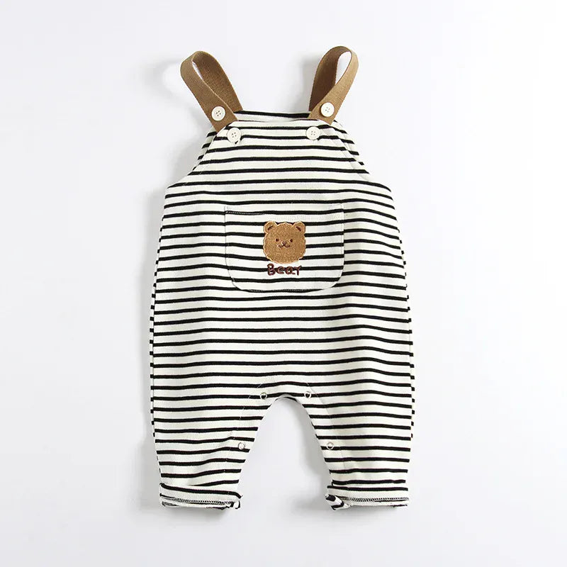オーバーオール stripe / 73cm ベビーオーバーオール サスペンダーパンツ サロペット ベアくまアップリケ ボーダー柄