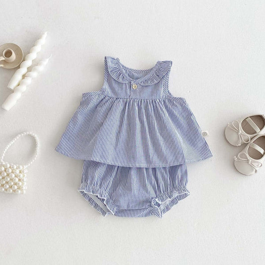 ノースリーブセットアップ Stripe / 73cm ストライプ丸襟ノースリーブブラウス+フリルブルマパンツセットアップ 2点セット【mh0009762】