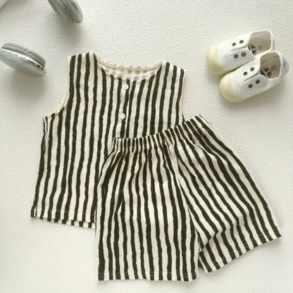 ノースリーブセットアップ Stripe / 73cm ストライプ/ドットノースリーブシャツ+ショートパンツセットアップ 2点セット【mh0010375】