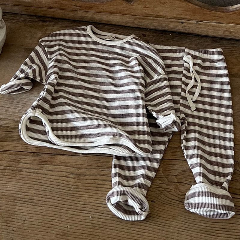 長袖セットアップ stripe / 73cm / 取り寄せ（3〜14日） ☺︎ ベビー キッズ 長袖Tシャツ パンツ 2点セット セットアップ ワッフル ロンT ルーズパンツ ルームウェア 無地 ボーダー 3カラー ユニセックス 男の子 女の子 子供服