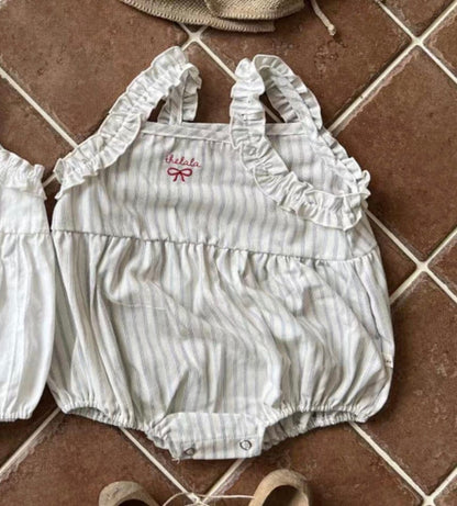 ノースリーブロンパース Stripe / 73cm リボンショルダーフリルキャミソールロンパース【mh0010353】