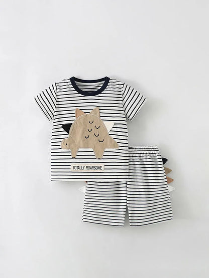 半袖セットアップ Stripe / 90cm キッズセットアップ 2点セット 半袖Tシャツ+ショートパンツ ボーダー 恐竜ダイナソー【mh0005494】