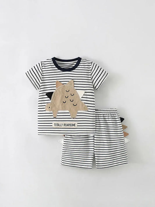 半袖セットアップ Stripe / 90cm キッズセットアップ 2点セット 半袖Tシャツ+ショートパンツ ボーダー 恐竜ダイナソー【mh0005494】