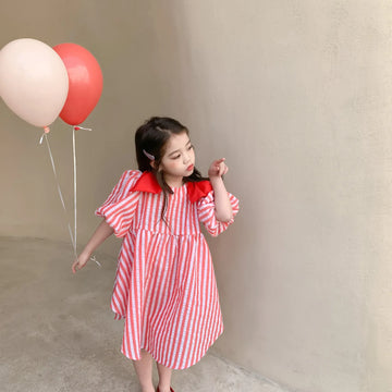 半袖ワンピース Stripe / 95-105cm キッズワンピース 半袖ボリュームパフスリーブ ショルダーリボン ストライプワンピース レッド【mh0005961】