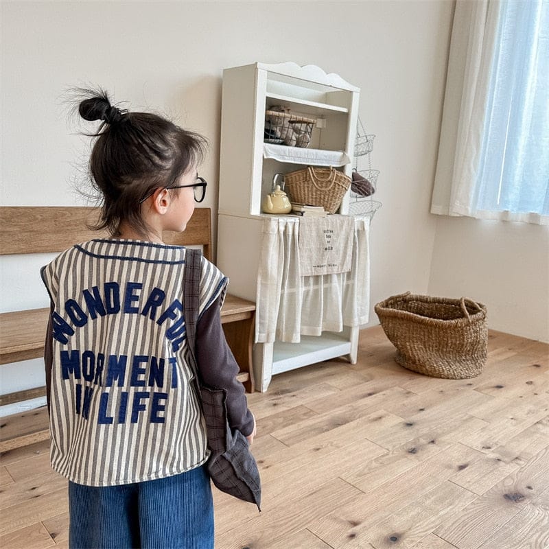 ベスト striped / 80cm / 取り寄せ（7〜21日） キッズ デニム ストライプ バックレターロゴ  Vネック ベスト アウター ガールズ