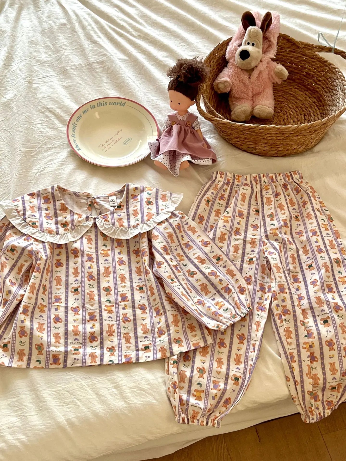 長袖パジャマ striped / 90cm キッズパジャマセット セットアップ 2点セット フリルビッグ襟ブラウス ロングパンツ 4カラー