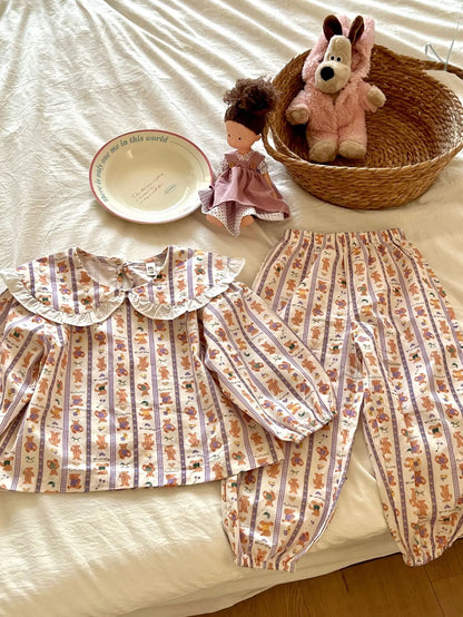 長袖パジャマ striped / 90cm キッズパジャマセット セットアップ 2点セット フリルビッグ襟ブラウス ロングパンツ 4カラー