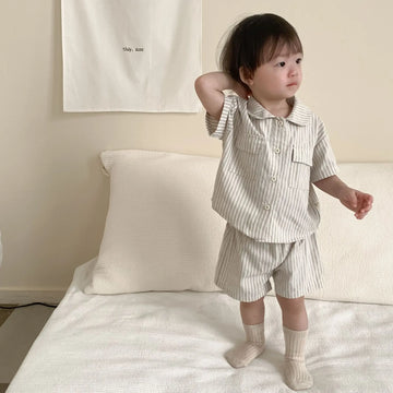 半袖セットアップ striped / 9M  73cm ベビーキッズセットアップ 2点セット 半袖シャツ+ショートパンツ チェック ストライプ