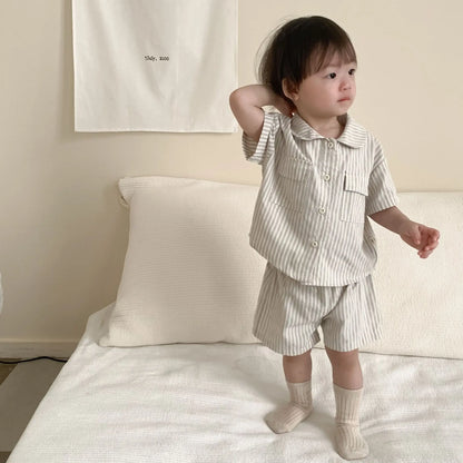 半袖セットアップ striped / 9M  73cm ベビーキッズセットアップ 2点セット 半袖シャツ+ショートパンツ チェック ストライプ