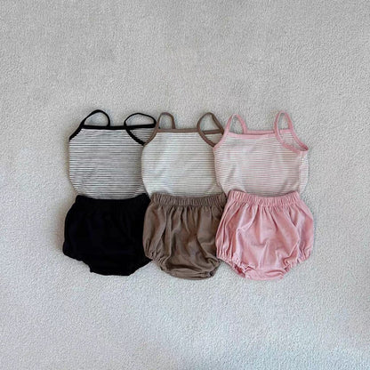 ノースリーブセットアップ striped suspenders t shorts suit【mh0009523】