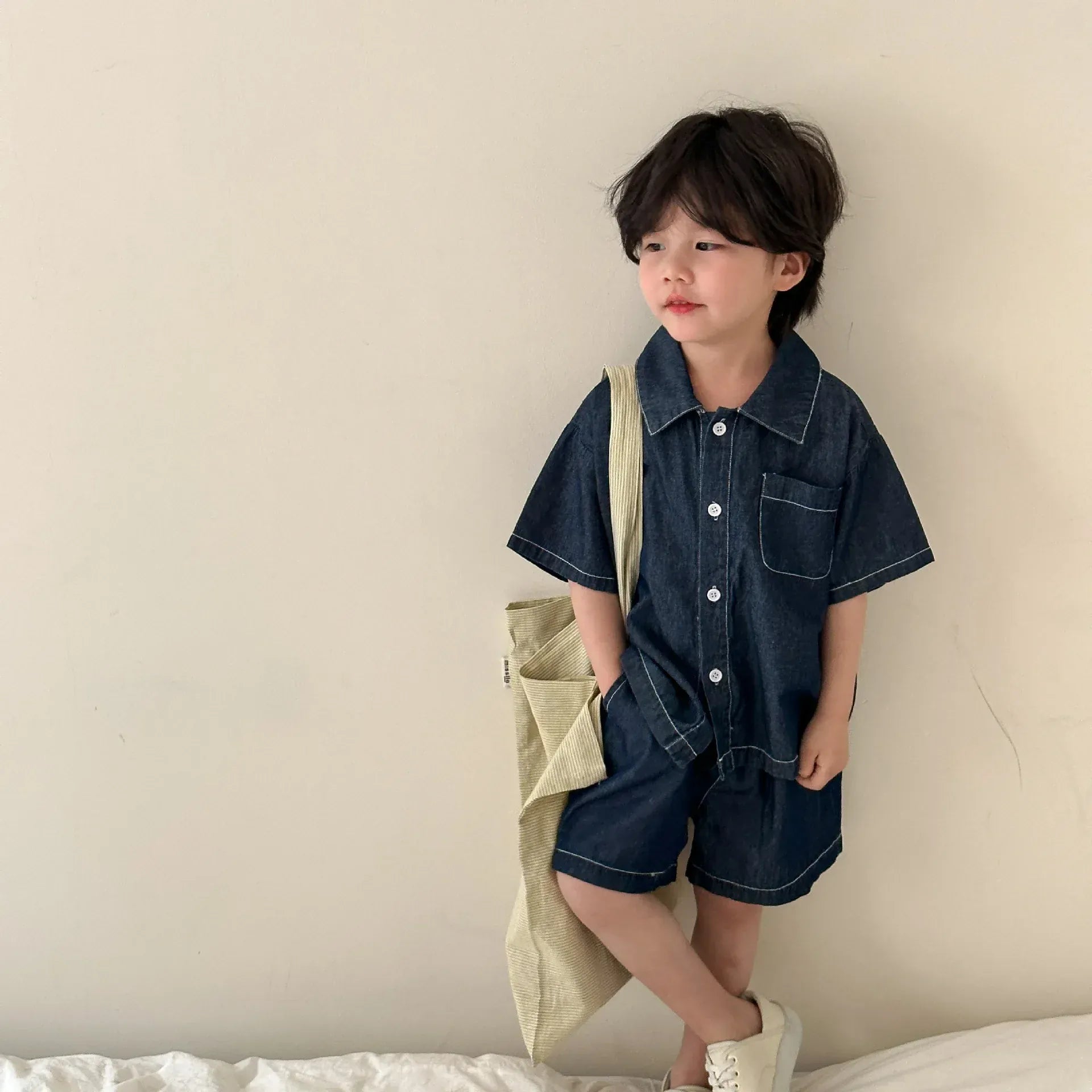 半袖セットアップ suit / 12M  80cm キッズセットアップ 2点セット/ワンピース ボーイズ半袖シャツ+ショートパンツ/ガールズノースリーブワンピース デニム リンクコーデ 兄弟姉妹 お揃いコーデ