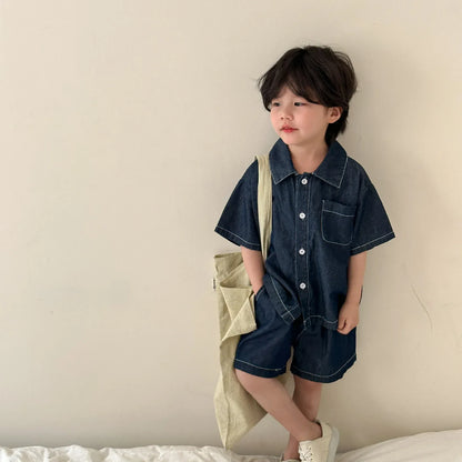 半袖セットアップ suit / 12M  80cm キッズセットアップ 2点セット/ワンピース ボーイズ半袖シャツ+ショートパンツ/ガールズノースリーブワンピース デニム リンクコーデ 兄弟姉妹 お揃いコーデ