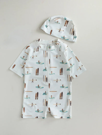 ベビー用水着 surfing / 80cm キッズ水着 ボーイズ 長袖ジップアップつなぎ ワンピース+帽子セット アニマルプリント スイムウェア【mh0005992】