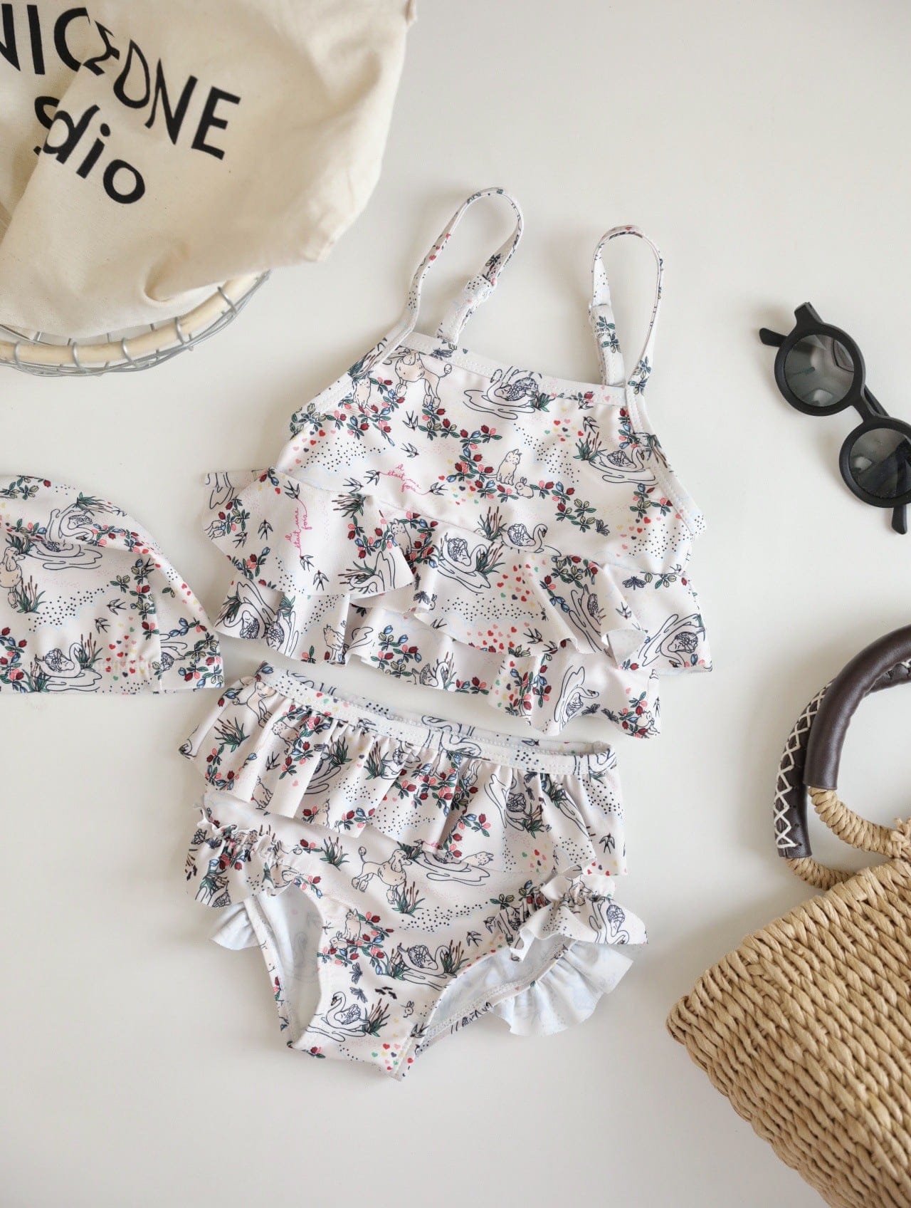 ベビー用水着 Suspenders split swans / 80 ガールズ水着 キャミソールセパレートビキニスイムウェア ラッシュガード【mh0009312】