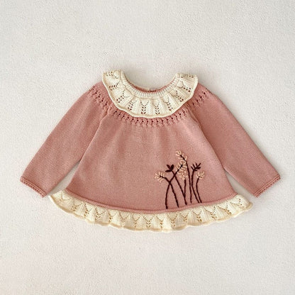 長袖セットアップ sweater / 66cm / 取り寄せ（3〜14日） ☺︎ ベビー ニット セットアップ フラワー 刺繍 長袖 トップス フリル ブルマパンツ ピンク ガールズ 単品可
