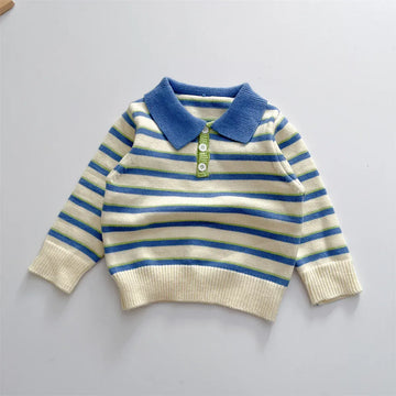 長袖ロンパース Sweater / 6M  66CM ベビージャンプスーツ 長袖ポロシャ ニットロンパース ボーダー柄【mh0004371】