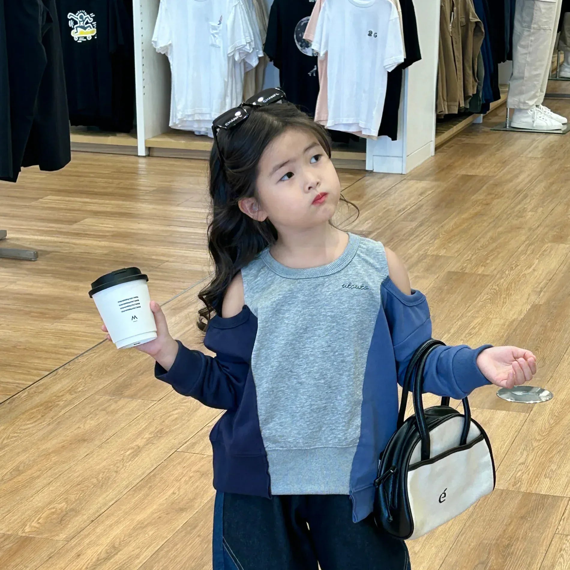 長袖セットアップ sweater top / 90cm 1-2y キッズトップス/パンツ オープンショルダーパッチワークアシメ長袖スウェットシャツ/パッチワークバナナデニムパンツジーンズ【mh0007371】