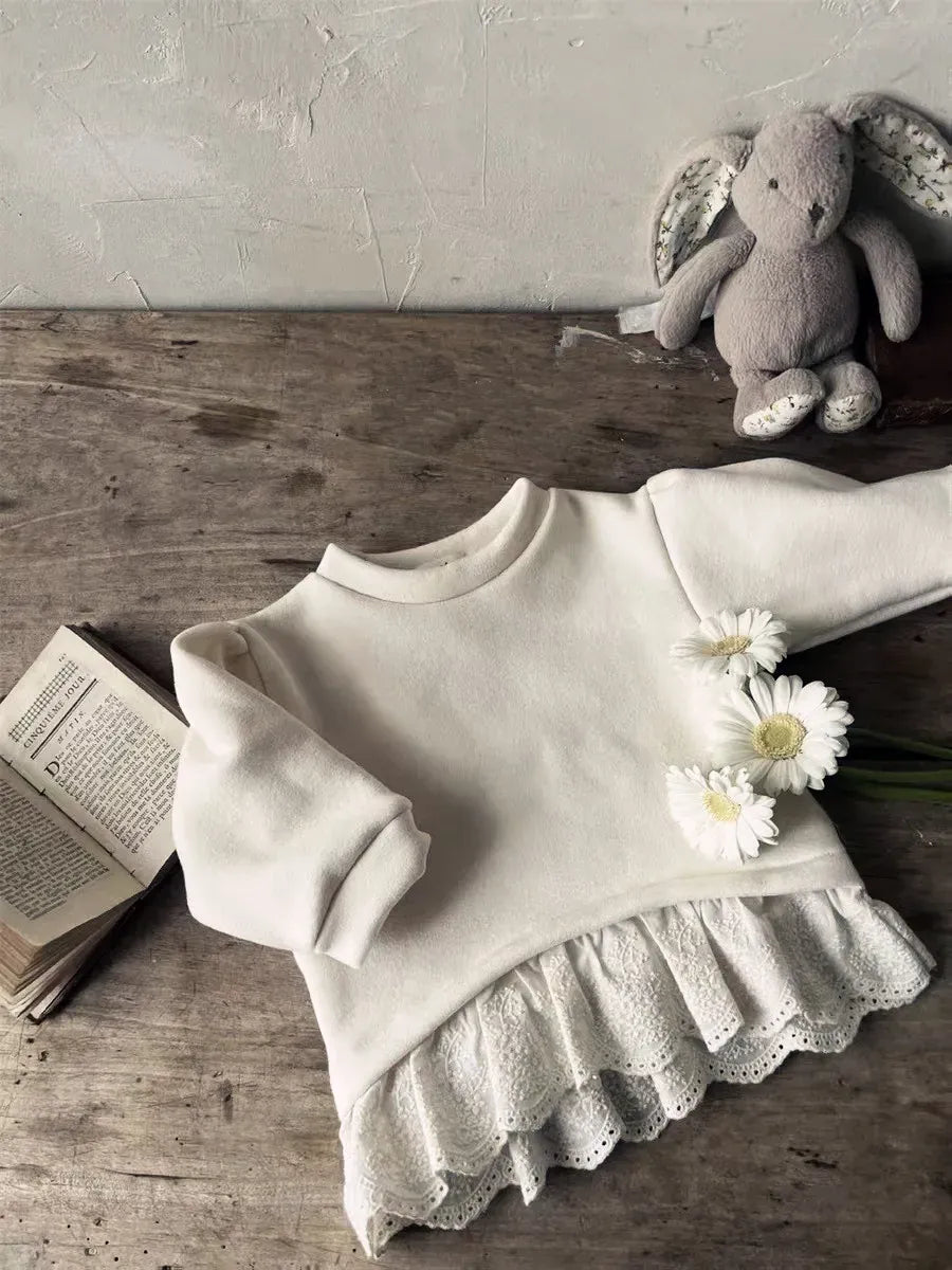 長袖セットアップ sweatshirt / 6M  66CM ベビートップス/パンツ ペプラムレースフリース長袖スウェットシャツ/レースフリルフリースフレアパンツ【mh0008459】