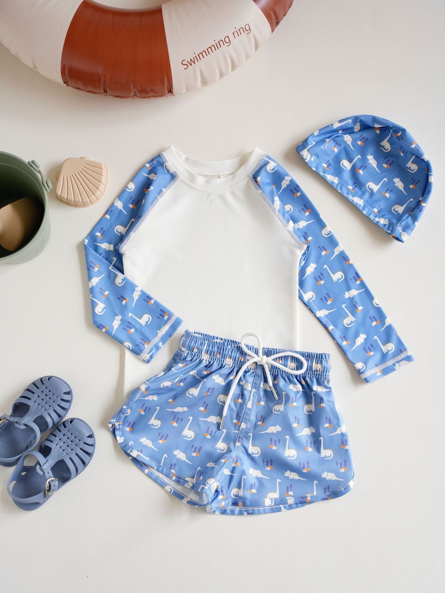 ベビー用水着 swim trunk set little dinosaur [swimsuit + swimming cap] / 80 ボーイズ水着 長袖セパレートスイムウェア ラッシュガード【mh0009345】