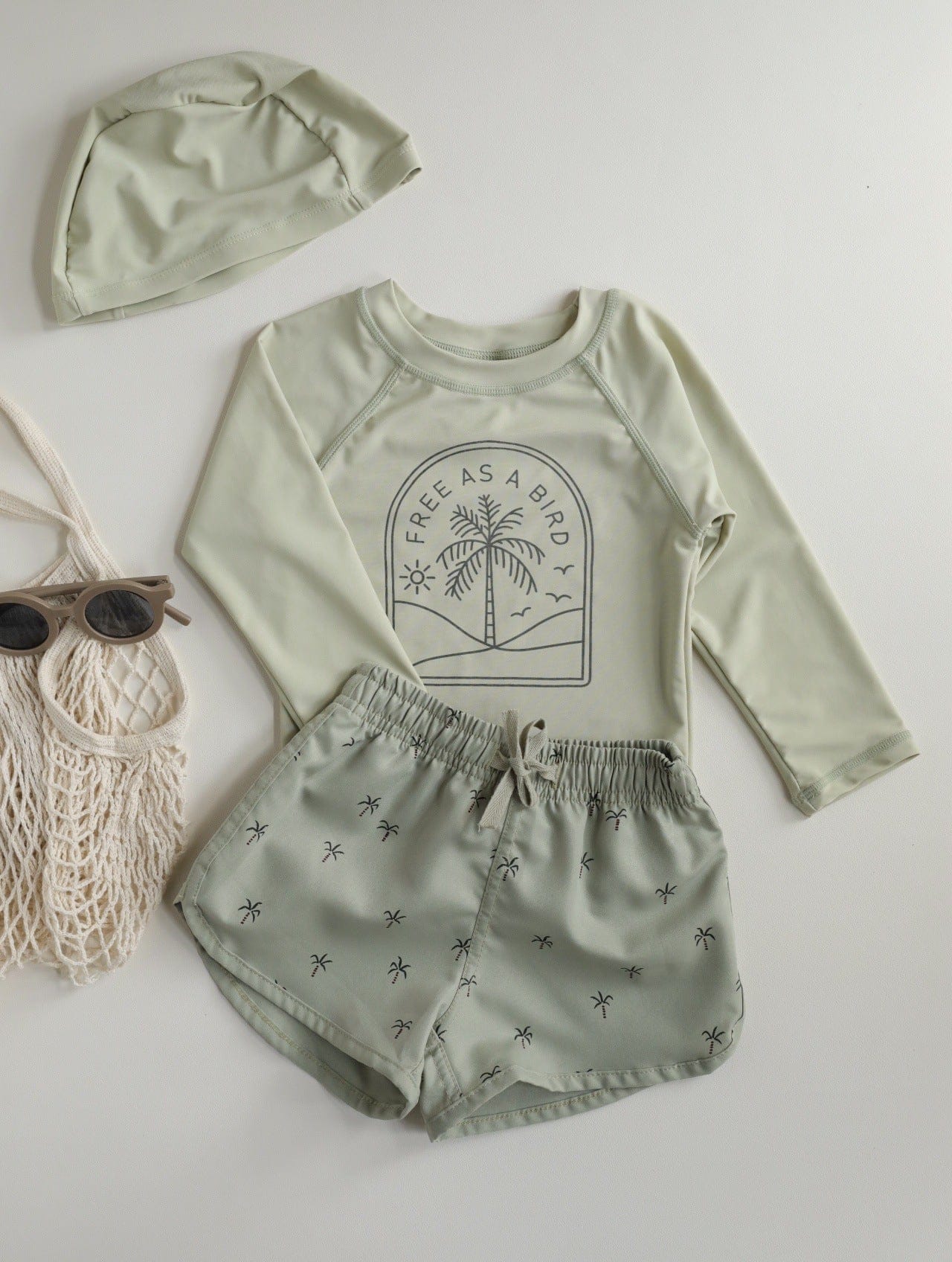 ベビー用水着 Swimsuit matcha green coconut tree set / 80 ボーイズ水着 長袖セパレートスイムウェア ラッシュガード【mh0009355】