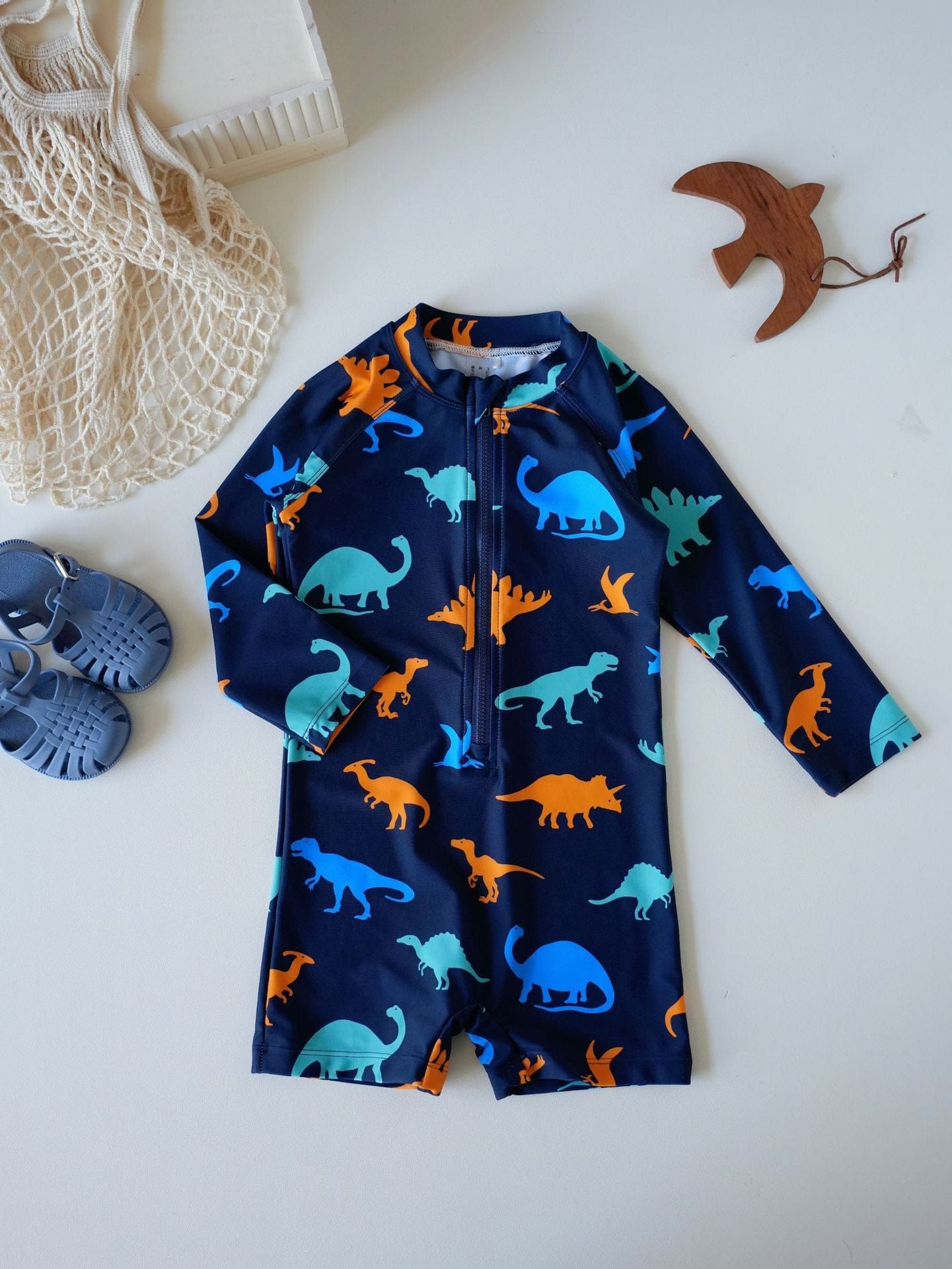 ベビー用水着 Swimsuit navy dinosaur [with suited swim cap] / 80 ボーイズガールズ水着 長袖つなぎスイムウェア ラッシュガード【mh0009372】