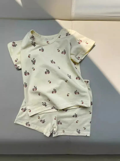 半袖パジャマ ベビーパジャマセット 半袖Tシャツ+ショートパンツ フラワー小花柄レモン洋梨プリント ルームウェア