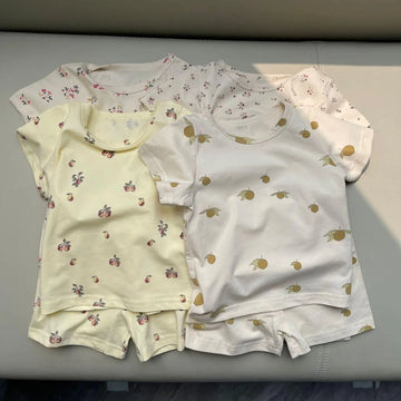 半袖パジャマ ベビーパジャマセット 半袖Tシャツ+ショートパンツ フラワー小花柄レモン洋梨プリント ルームウェア