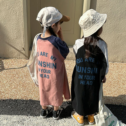半袖ワンピース キッズ レターロゴ 半袖 ラグラン ビッグシルエット ロング Tシャツ ワンピース ピンク ブラック ガールズ
