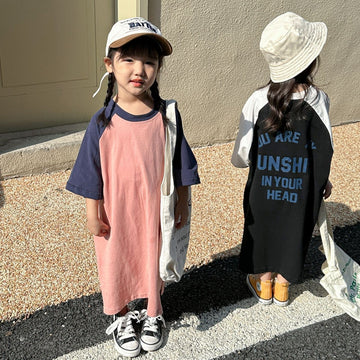 半袖ワンピース キッズ レターロゴ 半袖 ラグラン ビッグシルエット ロング Tシャツ ワンピース ピンク ブラック ガールズ
