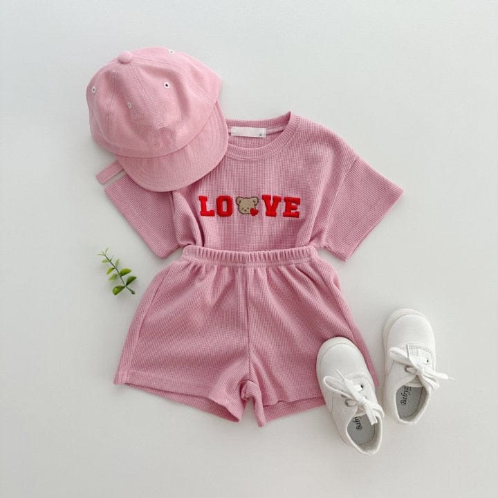 半袖セットアップ ベビー セットアップ くま ベア 刺繍 半袖Tシャツ ショートパンツ ベージュ ネイビー ピンク ユニセックス