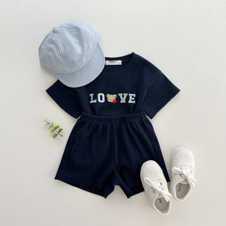 半袖セットアップ ベビー セットアップ くま ベア 刺繍 半袖Tシャツ ショートパンツ ベージュ ネイビー ピンク ユニセックス