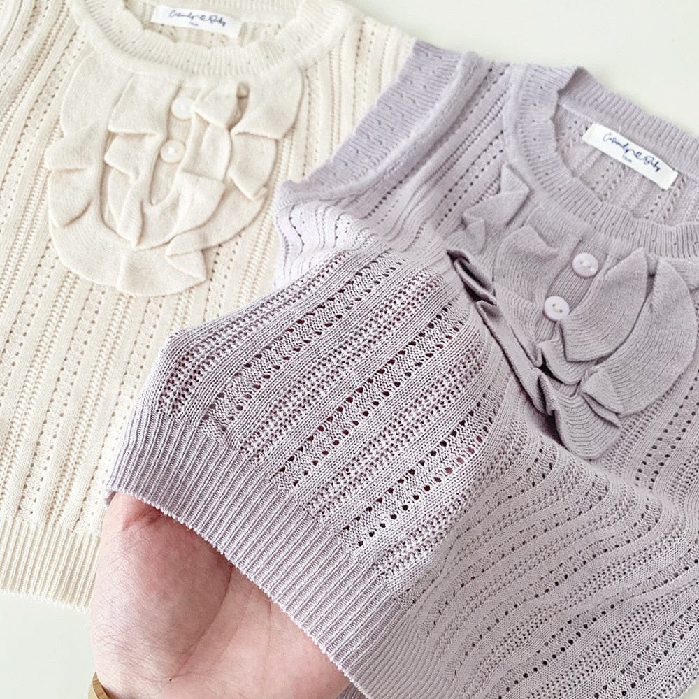 タンクトップ・キャミソール・ノースリーブトップス ベビー キッズ サマー レースニット フリル 透け感 ノースリーブ Tシャツ ブラウス カットソー アプリコット パープル ガールズ