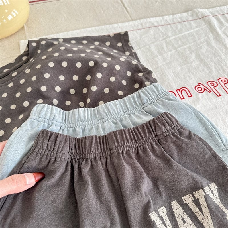半袖セットアップ キッズ セットアップ 水玉 ドット レターロゴ プリント 半袖 Tシャツ ショートパンツ ブルー ダークグレー ユニセックス