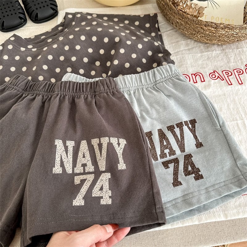 半袖セットアップ キッズ セットアップ 水玉 ドット レターロゴ プリント 半袖 Tシャツ ショートパンツ ブルー ダークグレー ユニセックス