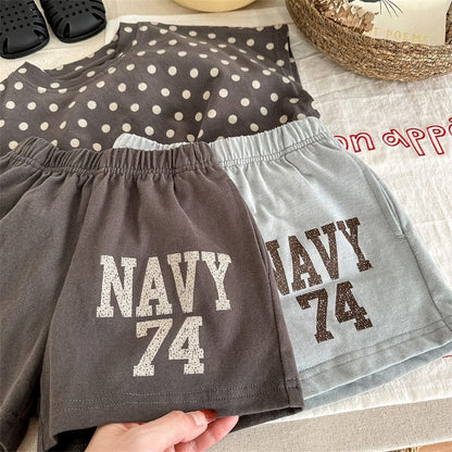 半袖セットアップ キッズ セットアップ 水玉 ドット レターロゴ プリント 半袖 Tシャツ ショートパンツ ブルー ダークグレー ユニセックス