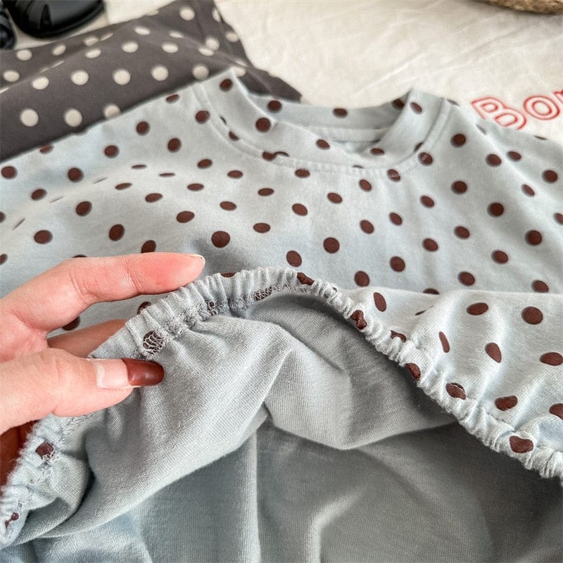 半袖セットアップ キッズ セットアップ 水玉 ドット レターロゴ プリント 半袖 Tシャツ ショートパンツ ブルー ダークグレー ユニセックス