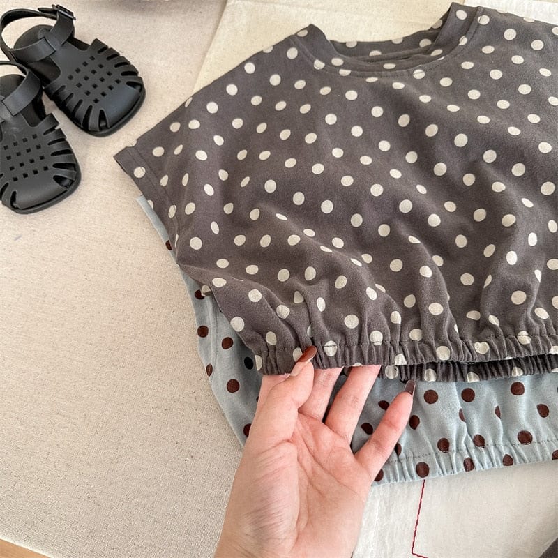 半袖セットアップ キッズ セットアップ 水玉 ドット レターロゴ プリント 半袖 Tシャツ ショートパンツ ブルー ダークグレー ユニセックス