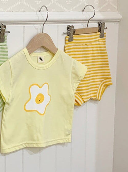 半袖ロンパース ベビー キッズ セットアップ 半袖 プリント Tシャツ ボーダー ハイウェスト ブルマパンツ グリーン イエロー ユニセックス