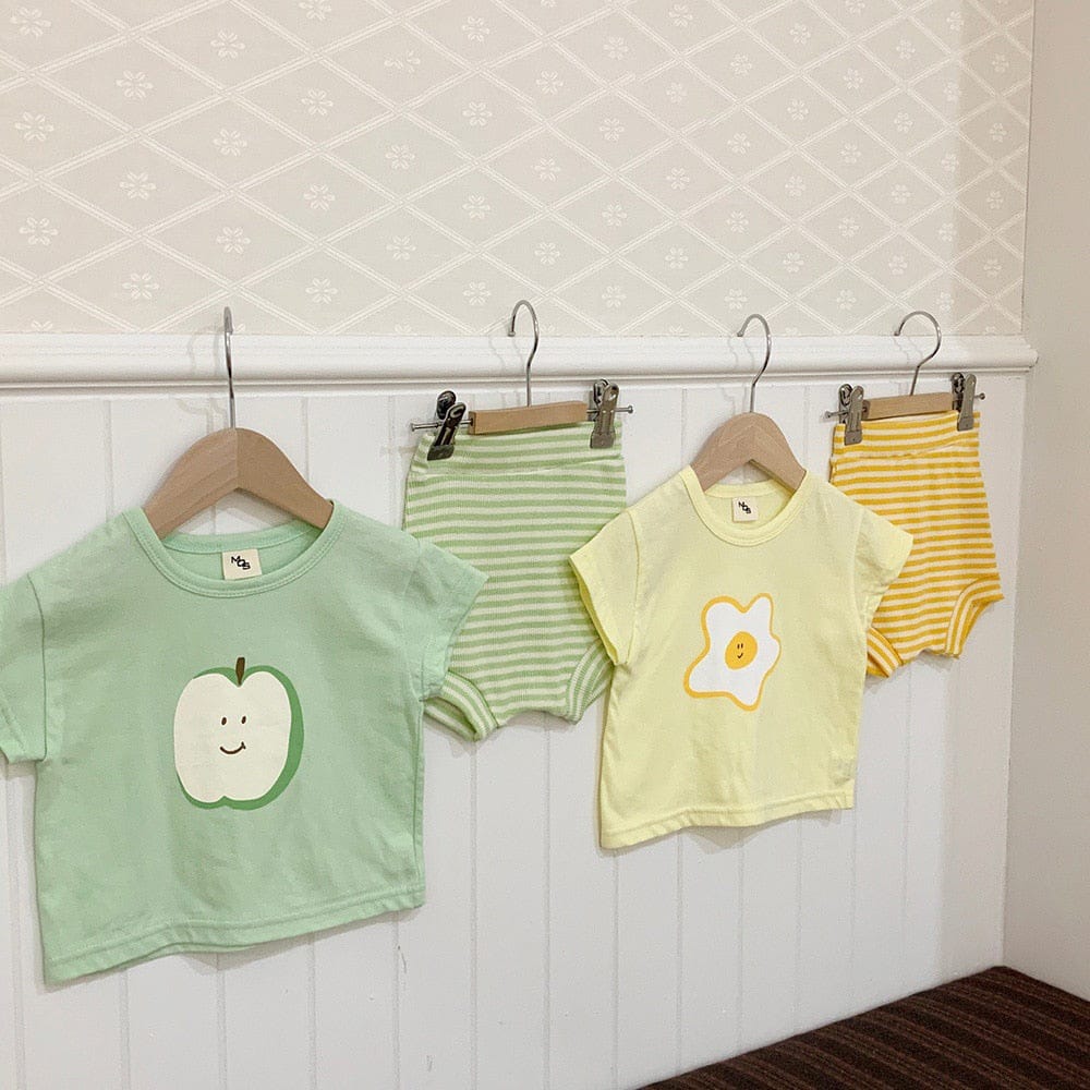 半袖ロンパース ベビー キッズ セットアップ 半袖 プリント Tシャツ ボーダー ハイウェスト ブルマパンツ グリーン イエロー ユニセックス