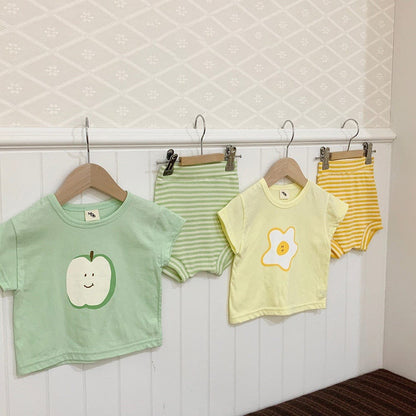 半袖ロンパース ベビー キッズ セットアップ 半袖 プリント Tシャツ ボーダー ハイウェスト ブルマパンツ グリーン イエロー ユニセックス