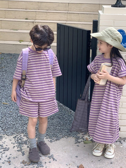 半袖セットアップ ☺︎ キッズ ボーダー ボーイズ セットアップ 半袖 Tシャツ ショートパンツ ガールズ ワンピース パープル リンク 兄弟 姉妹 お揃い コーデ
