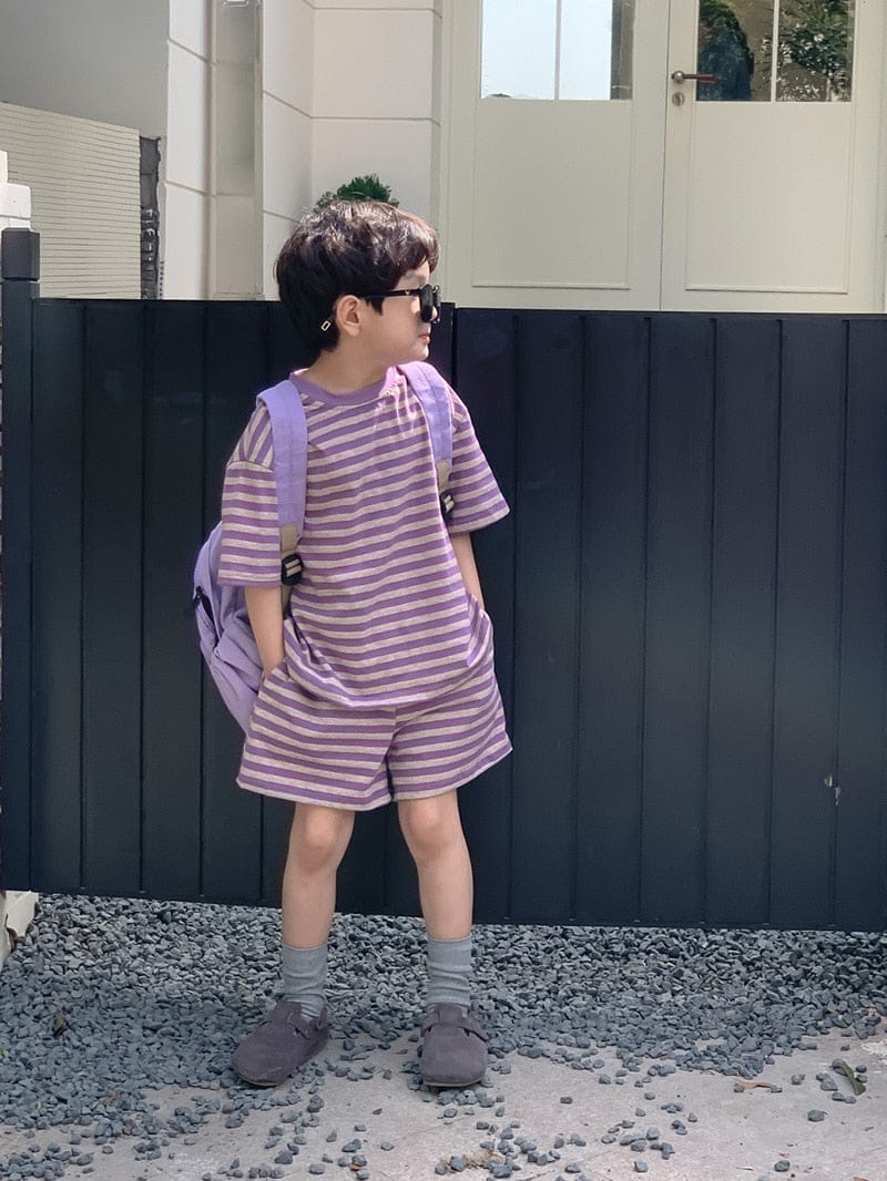 半袖セットアップ ☺︎ キッズ ボーダー ボーイズ セットアップ 半袖 Tシャツ ショートパンツ ガールズ ワンピース パープル リンク 兄弟 姉妹 お揃い コーデ