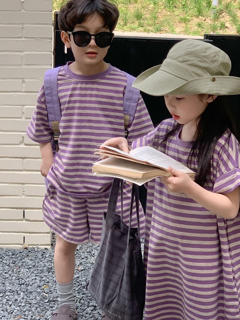 半袖セットアップ ☺︎ キッズ ボーダー ボーイズ セットアップ 半袖 Tシャツ ショートパンツ ガールズ ワンピース パープル リンク 兄弟 姉妹 お揃い コーデ