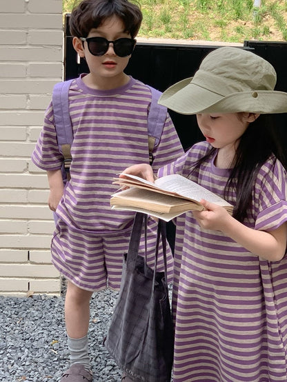 半袖セットアップ ☺︎ キッズ ボーダー ボーイズ セットアップ 半袖 Tシャツ ショートパンツ ガールズ ワンピース パープル リンク 兄弟 姉妹 お揃い コーデ